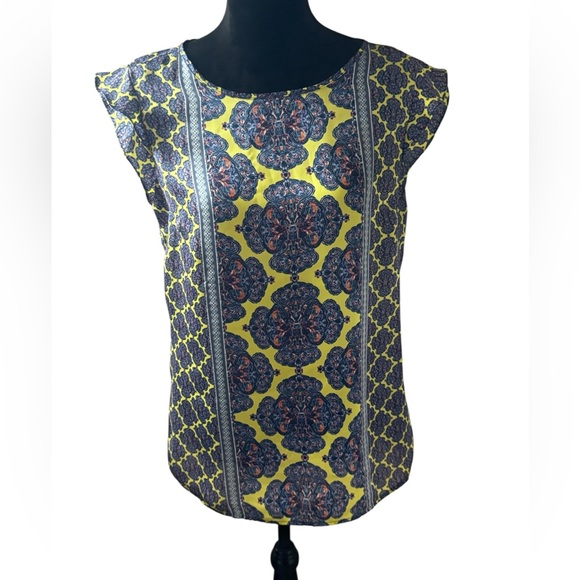 The Limited Tops - The Limited Yellow and Blue brocade Geometric print top Blouse cap sleeves Sz M